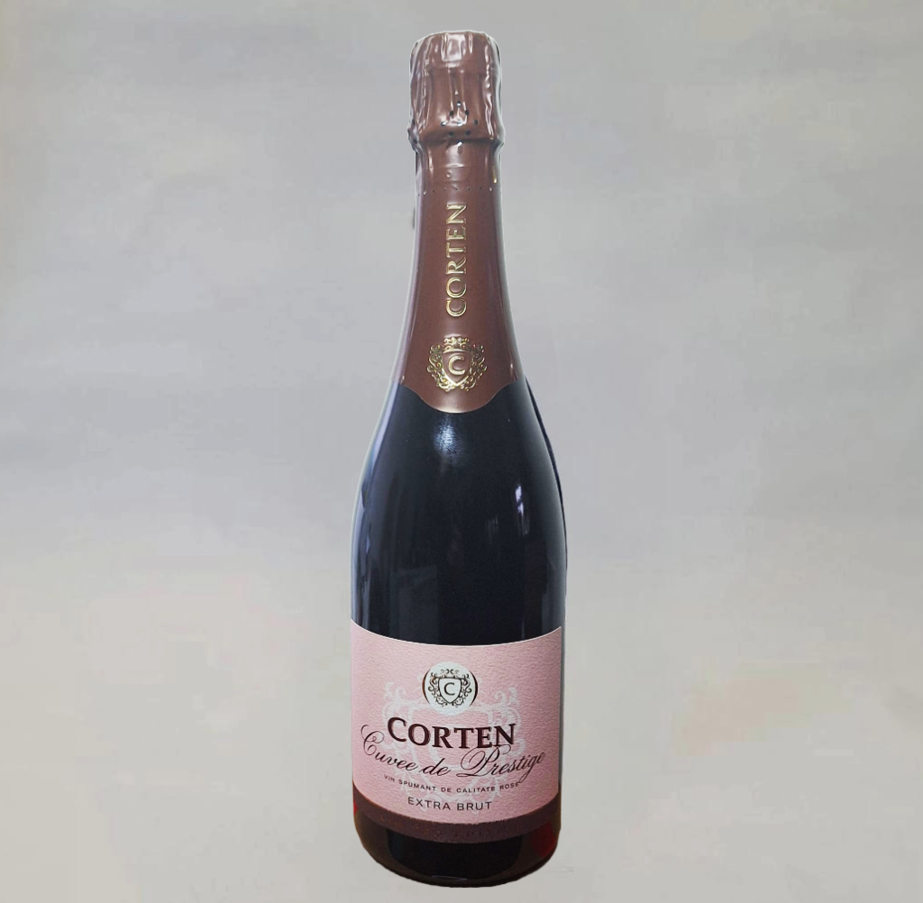 a bottle of rose sparkling wine cuvee de prestige rose by corten